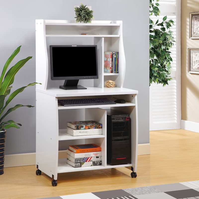 Microwave cart computer cart utility cart with hutch shelves spice rack mobile on locking castors white - White