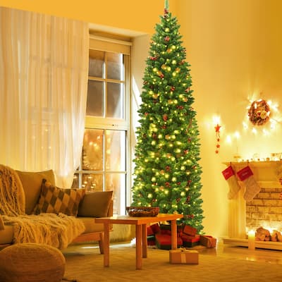 Gymax 7.5Ft Pre-Lit Pencil Christmas Tree Hinged Artificial Slim Tree - See Details
