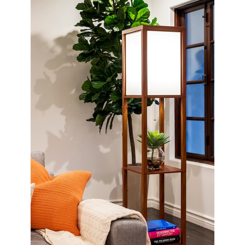 Brightech Maxwell 63 in. Havana Brown Traditional LED Super Bright 3-Shelf Floor Lamp with White Fabric Square Shade