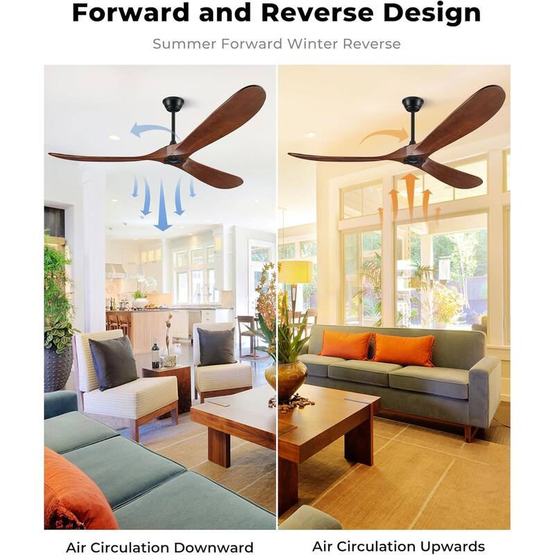 Sofucor 52/60/72 Inch Large Solid Wood Ceiling Fan without Light,With Wall Switch and Remote,for Patio,Living Room,Bedroom,Porch