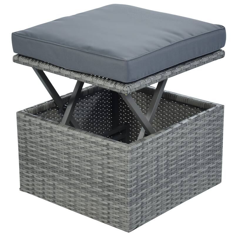 6-Pieces Outdoor Patio Rattan Round Daybed Sunbed Set with Retractable Canopy and Lift Table