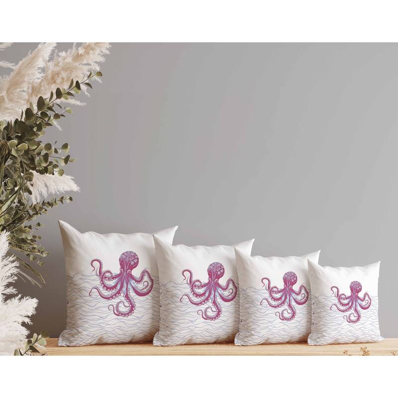 Oceanic Octo Art Indoor/Outdoor Reversible Throw Pillow White and Hotpink