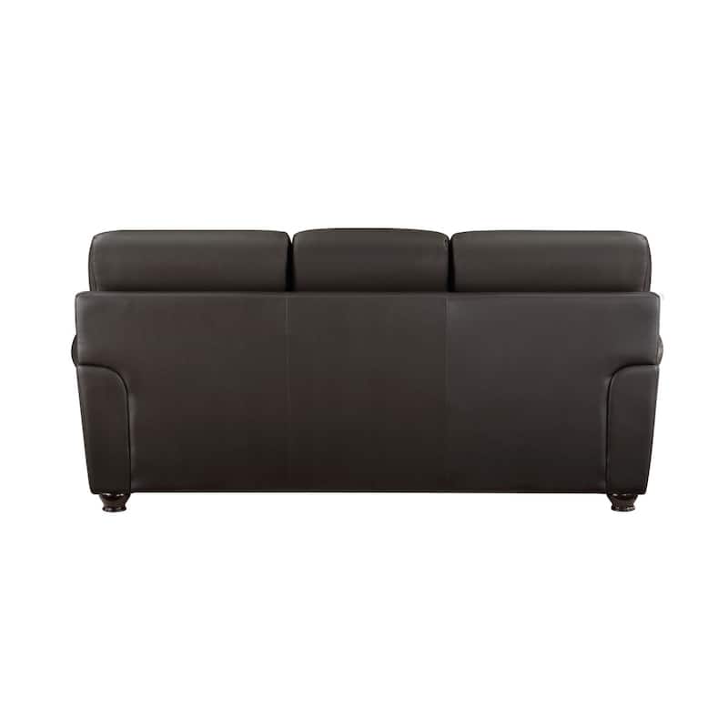 Kia 84 Inch Sofa, Dark Brown Top Grain and Faux Leather, Solid Wood