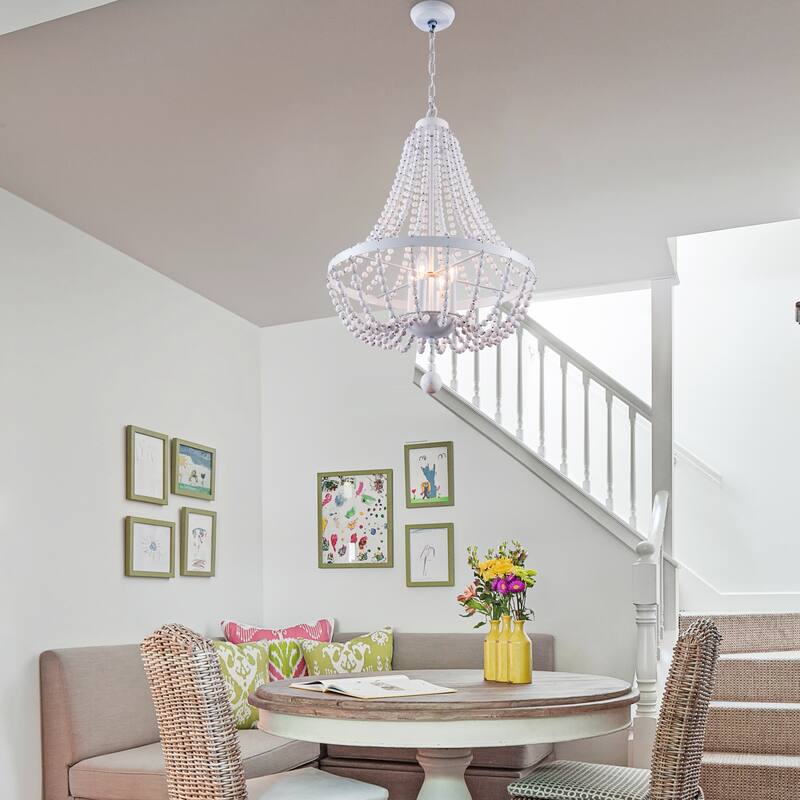 Oaks Aura Farmhouse Candle Style 4-Light Wood Ceiling Light Bohemia Beaded Wood Chandelier