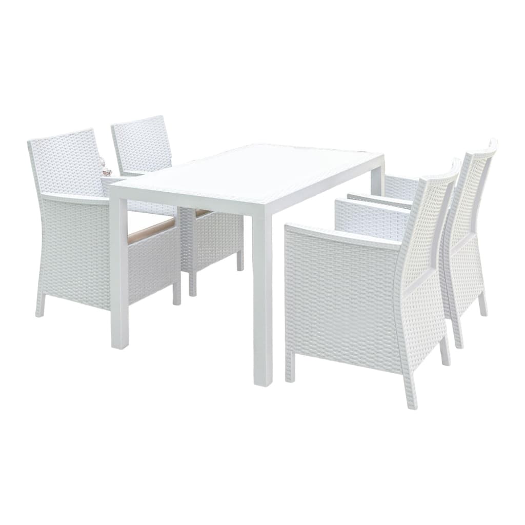 5-Piece White Patio Dining Set with Sunbrella Natural Cushion 55"