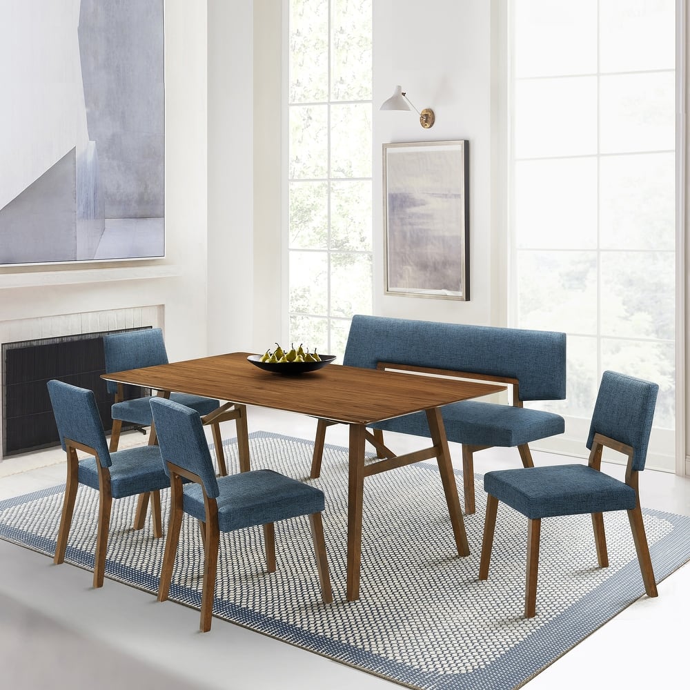 Channell Mid-Century Modern 6 Piece Dining Table set with 4 Dining Chairs and 1 Dining Bench