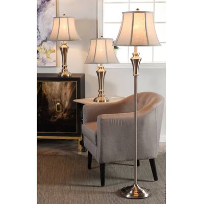 StyleCraft 3 Piece Brushed Nickel Floor and Table Lamp Set - Geneva Taupe Fabric Shade