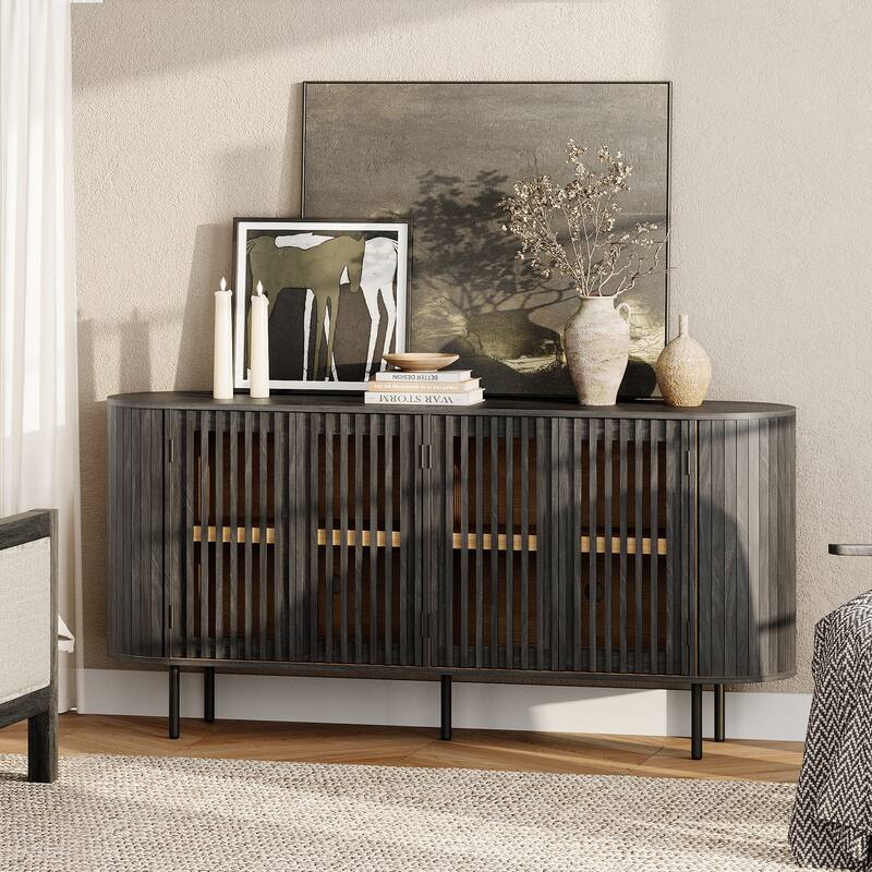 WAMPAT 64.4" Fluted TV Stand,Wood Entertainment Center for TVs Up to 70 inches