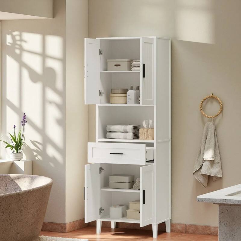 Bathroom Storage Cabinet Tall, 70.9" Cabinet Freestanding, Bathroom Pantry with Drawer, 2 Adjustable Shelves, Open Storage - White