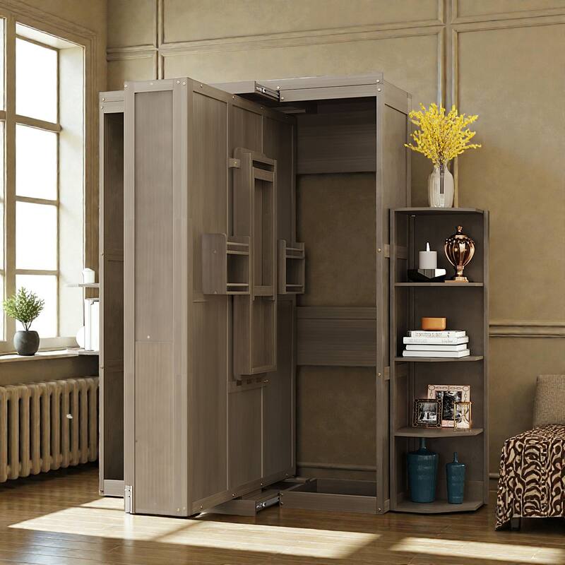 Queen Rotating Murphy Bed with Desk, Dual 3-Tier Side Shelves, Hidden Wall Cabinet, Space-Saving Wall Bed