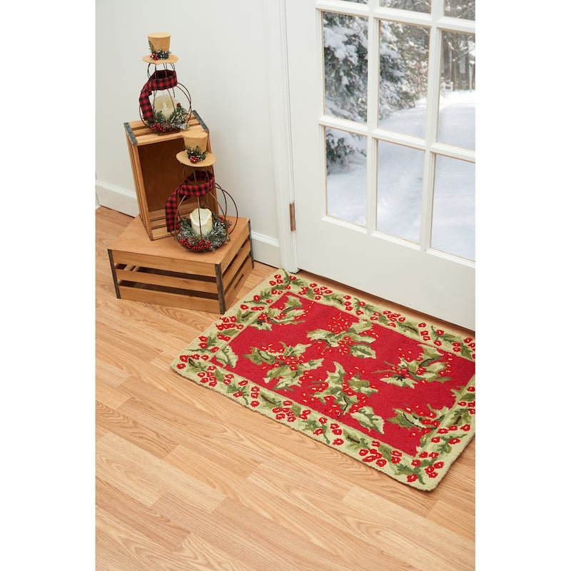 2'0" x 3'0" Holly Red Hooked Christmas Rug - 2' x 3'