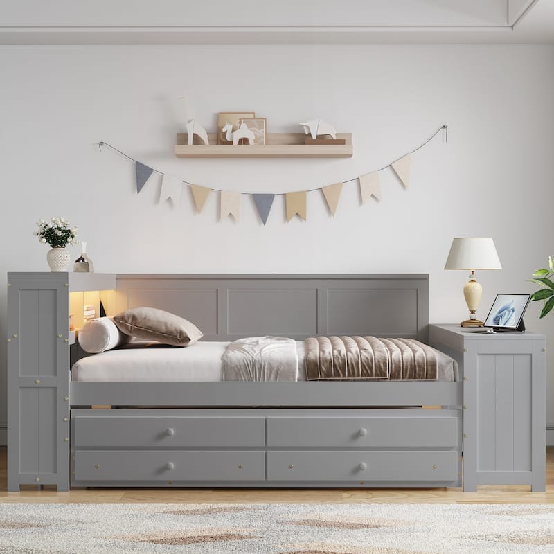 Full Size Daybed with Storage Shelves,Drawers,Trundle,Charging Station,LED Light - Grey