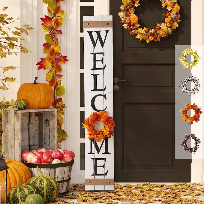 Glitzhome 60"H Wooden Welcome Porch Sign with 4 Floral Wreaths for Fall Halloween Thanksgiving Christmas Decoration