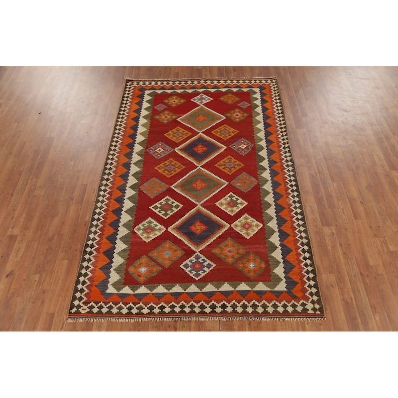 Vegetable Dye Red Kilim Qashqai Persian Rug Handmade Wool Carpet - 5'2"x 7'10"