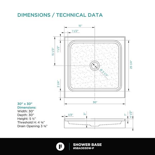 dimension image slide 1 of 9, Fine Fixtures Single Threshold Acrylic Shower Base - Non-Slip Textured Surface Shower Floor Pan