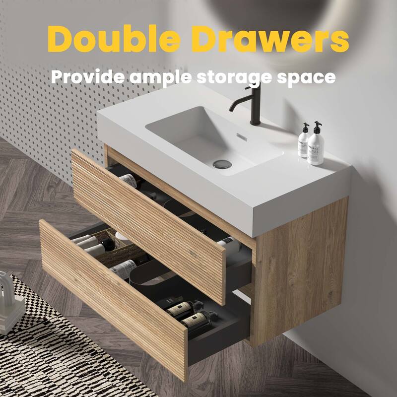 GDFStudio - Grace Wall-Mounted Bathroom Vanity with Engineered Quartz Sink & Soft Close Drawers, without Drainage and Faucet