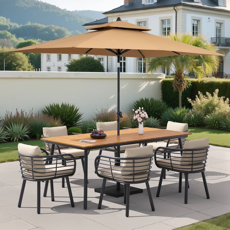 9/11-PieceOutdoor Patio Dining Set with Sunbrella Cushions Aluminum Dining Table and Chairs w/10 ft Umbrella and Base