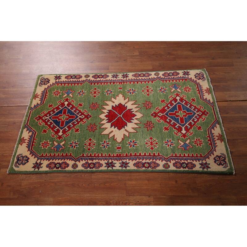 Green Oriental Geometric Kazak Foyer Rug Hand-Knotted Wool Carpet - 2'7" x 4'5"