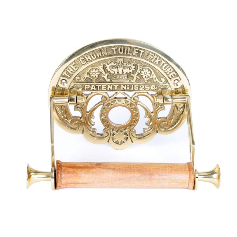 Toilet Paper Holder Wall Mount Brass 7.25" Vintage Crown Style with Wooden Roll