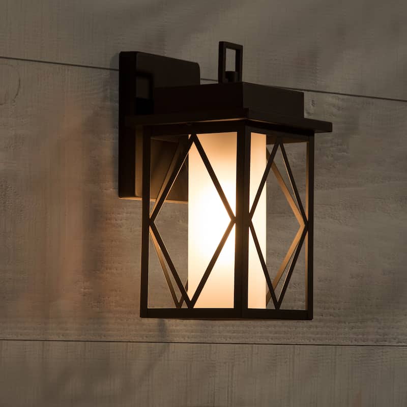 Aary Modern Black Farmhouse Indoor/Outdoor Lantern LED Patio Wall Lantern Wall Sconce Frosted Cylinder Glass - W6"*H10.8" *E6.8"