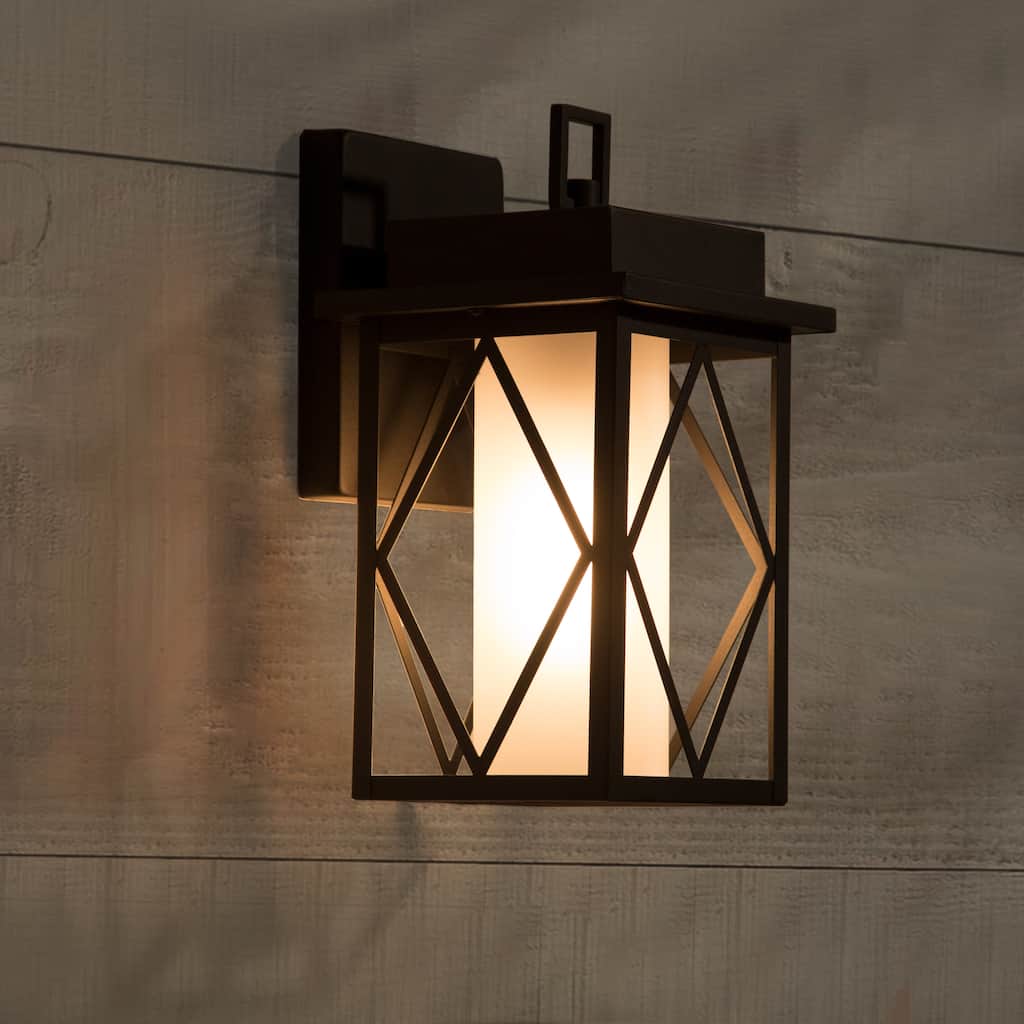 Aary Modern Black Farmhouse Indoor/Outdoor Lantern LED Patio Wall Lantern Wall Sconce Frosted Cylinder Glass - W6"*H10.8" *E6.8"