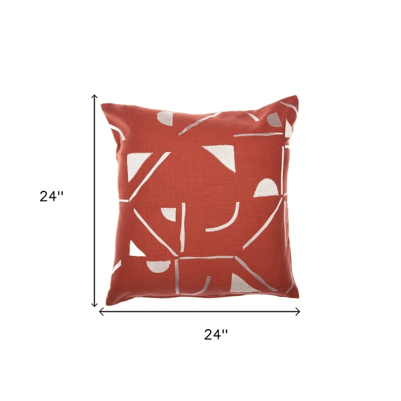 HomeRoots 24" Orange and Ivory Geometric Cotton Blend Throw Pillow With Embroidery