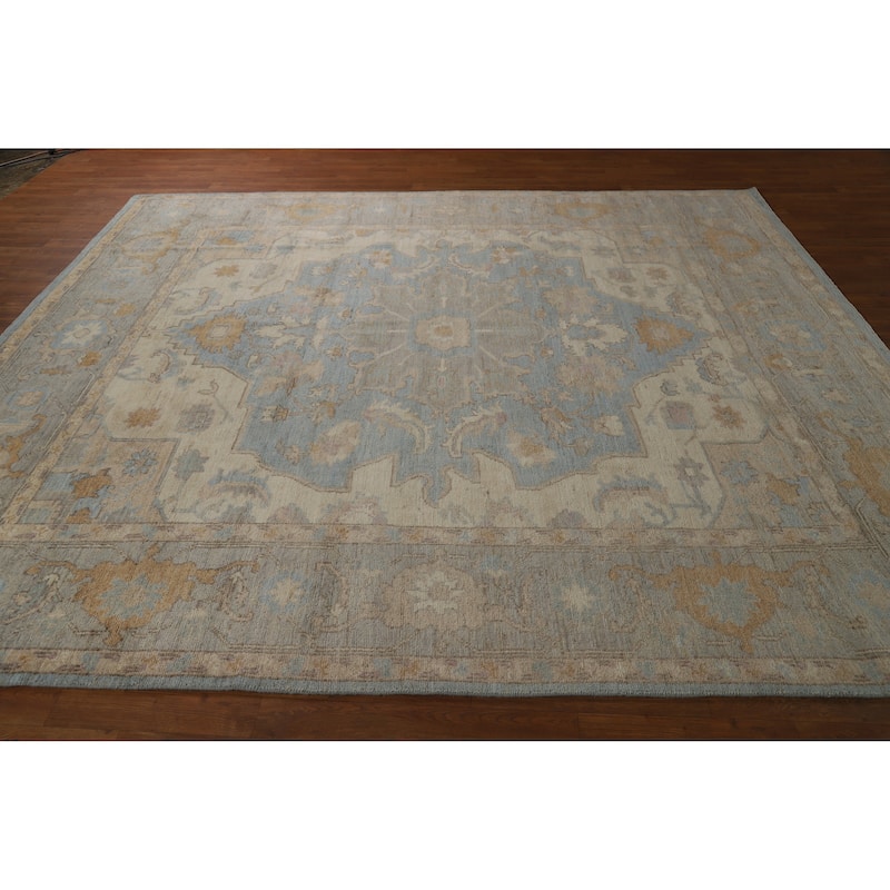 Hand Knotted Oriental 100% Wool Carpet Transitional Floral Navy Blue & Blues Oushak Area Rug - 9' 8'' X 8' 7''