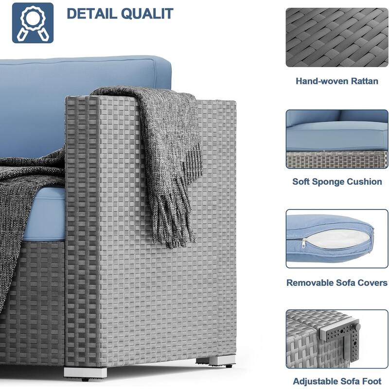 7-piece Outdoor Patio Grey Wicker Rattan Cushioned Sectional Sofa Conversation Set