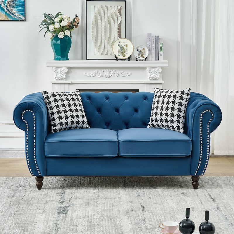 Roomfitters 85" + 65" Classic Chesterfield Upholstered Sofa and Loveseat Set, Scrolled Arm Couch with Button Back Design