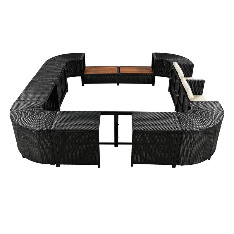 Outdoor Rattan Spa Frame Conversation Sofa Set with Storage & Wooden Bench