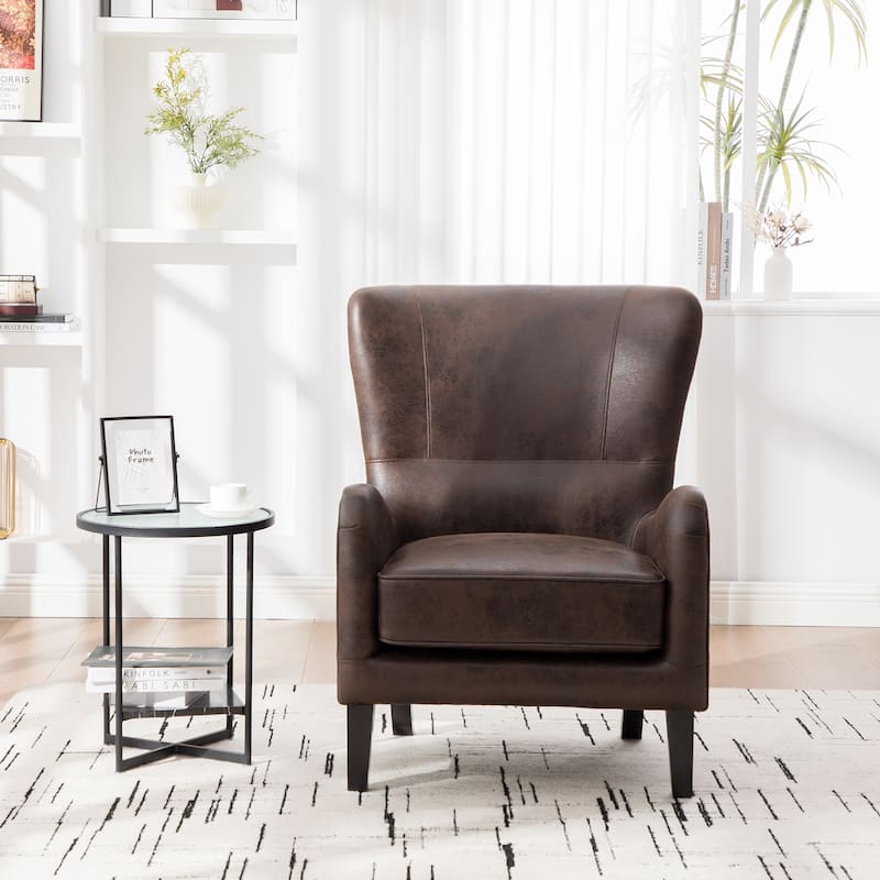 28"W PU High Back Upholstered Accent Chair, Retro Wingback Arm Chair ,Single Sofa Bedroom Reading Seat with Solid Wood Legs - Brown