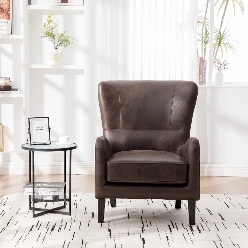 28"W PU High Back Upholstered Accent Chair, Retro Wingback Arm Chair ,Single Sofa Bedroom Reading Seat with Solid Wood Legs