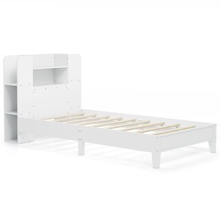 Twin Size Wooden Platform Bed Frame with Storage Headboard and 2-Tier Shelf