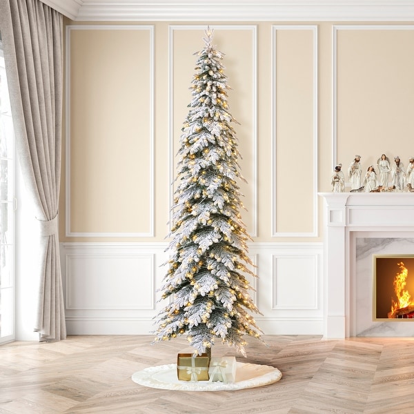 Glitzhome Pre Lit Flocked Pencil Spruce Artificial Christmas Tree with Warm White Lights