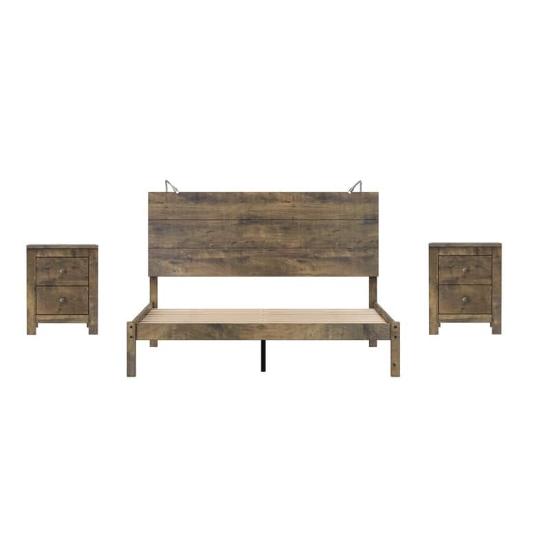 3-Piece Bedroom Sets Queen Size Platform Bed w Nightstands Antique Walnut/Rustic Gray/Black Gold