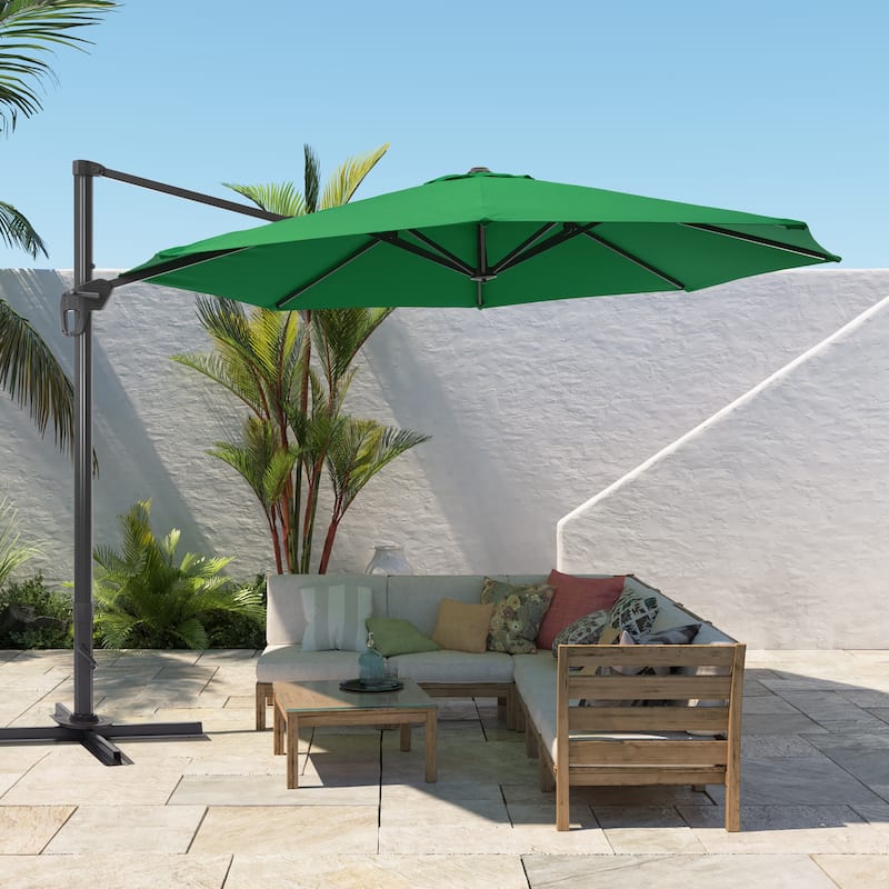 BONOSUKI 11FT LED Cantilever Patio Umbrella 360 Rotation w/Cross Base - Kelly Green