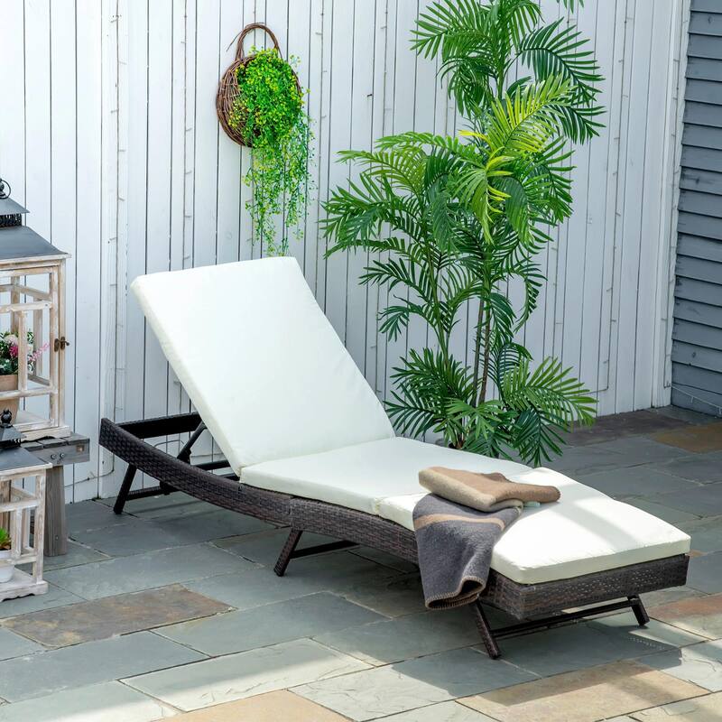 Patio Chaise Lounge,5 Position Rattan Recliner,Cushioned Pool Chair - Cream White