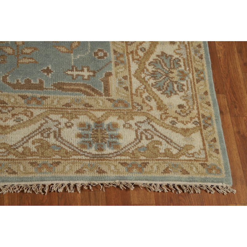 Oushak Indian Area Rug Hand-Knotted Blue Floral Wool Carpet - 6'2" x 9'0"