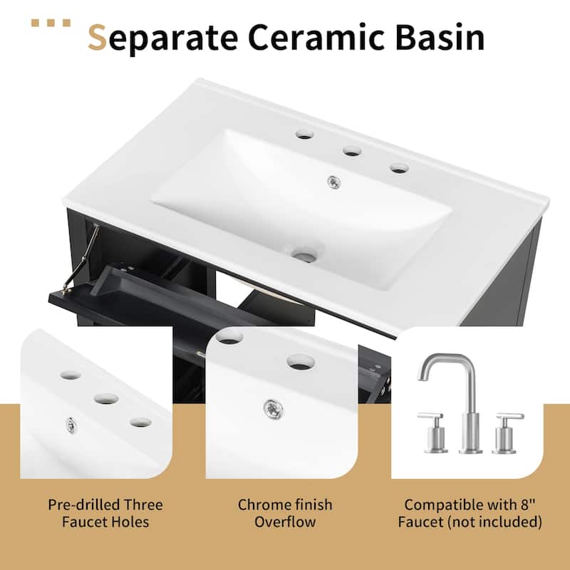 30-Inch Bathroom Vanity with Sink, MDF and Solid Wood Cabinet, 3 Drawers and Adjustable Shelf, Freestanding Design