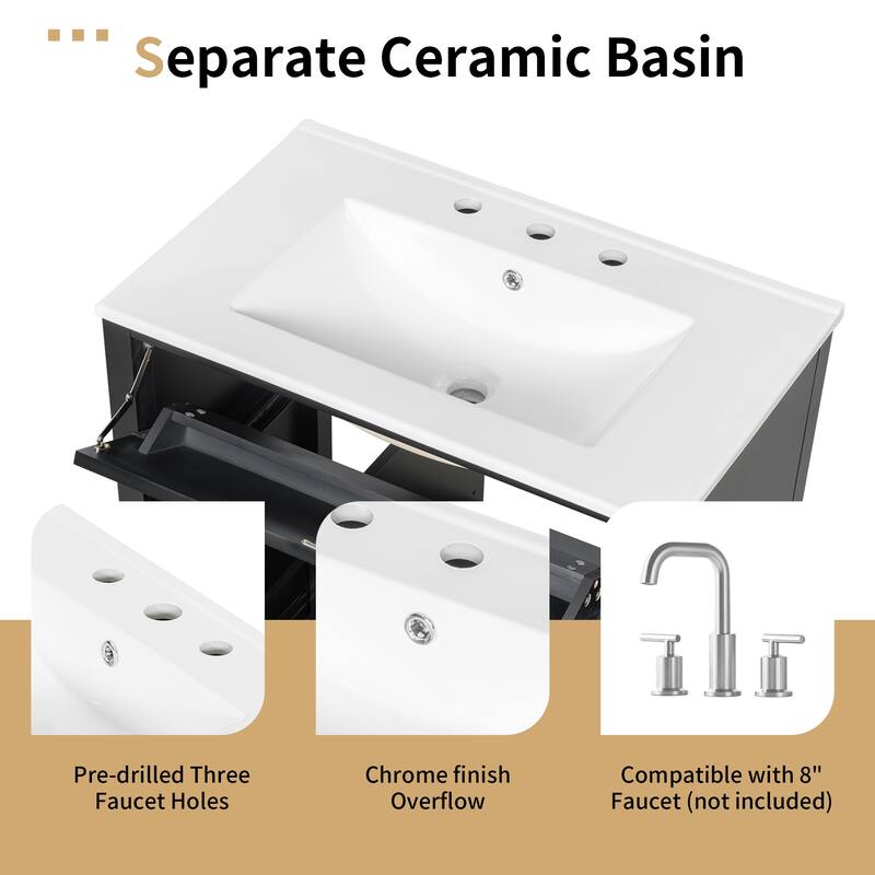 30-Inch Bathroom Vanity with Sink, Modern MDF and Rubberwood Cabinet with 3 Drawers and Adjustable Shelf, Freestanding