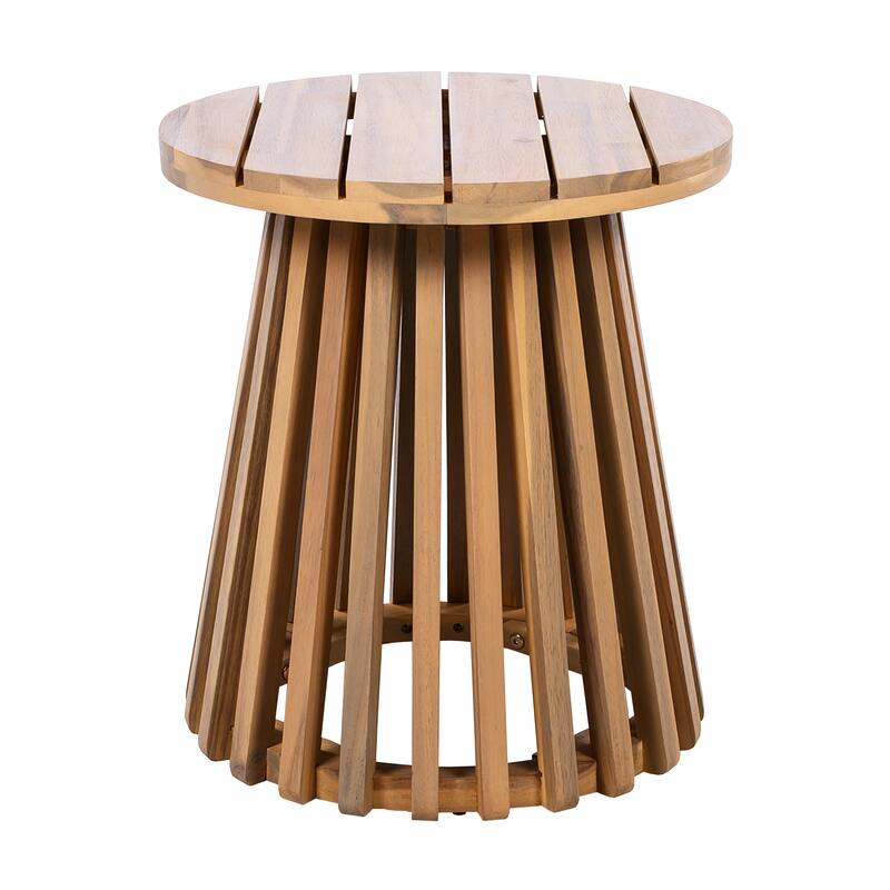 Roomfitters Round Outdoor Acacia Wood Side Table, Slatted Pedestal Base Accent Table for Patio and Balcony