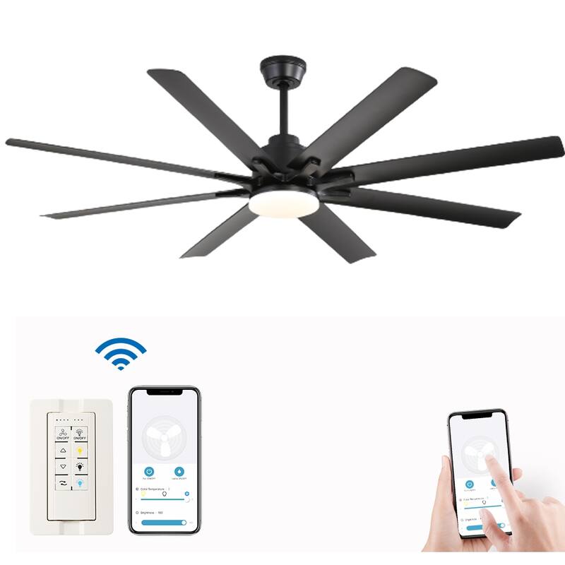 52/66/72/84 Inch Smart Ceiling Fan with Light ,Wall Switch, APP Control,Dimmable LED,8 Blades