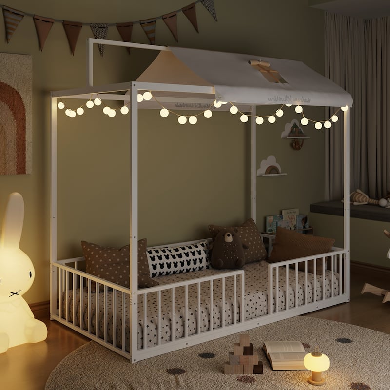 3-in-1 Convertible Montessori Metal floor bed,Fenced toddler bed with Sturdy Metal Slats Support