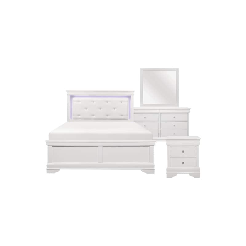 Eran 3 Piece White Modern Faux Leather Upholstered Tufted LED Panel Bedroom Set