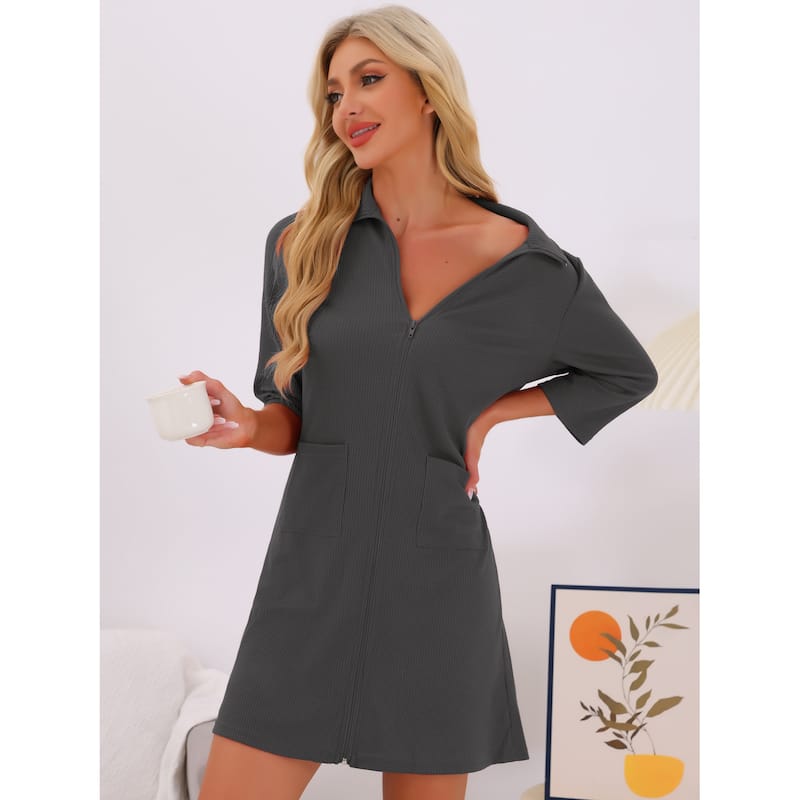 Women's Zip Up Robes 3/4 Sleeves Waffle Bathrobe Sleepwear with Pockets