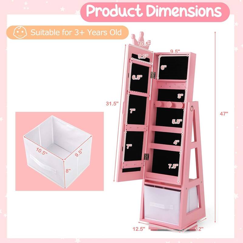 Swivel Kids Jewelry Cabinet Full Length Mirror Jewelry Armoire Shelf