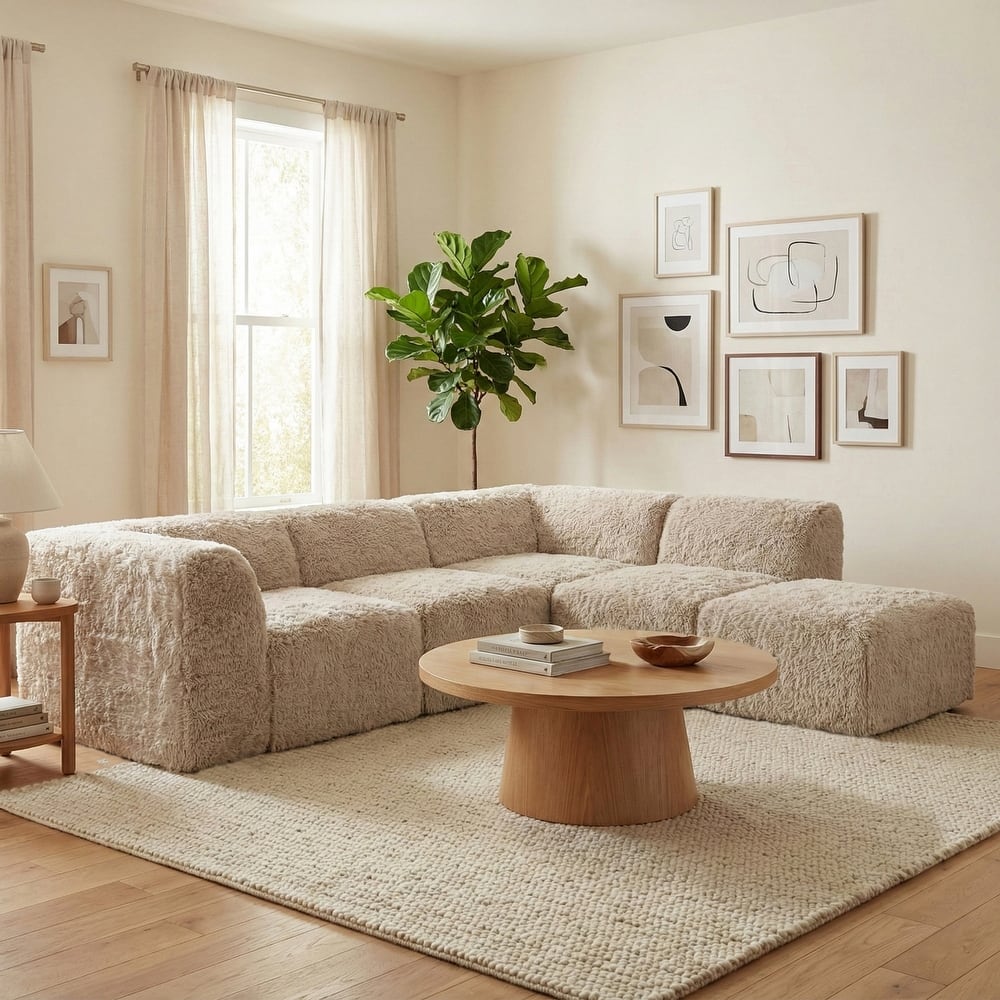 Furniture of America Ylena Modern 5-Piece Faux Fur Foam Modular Compressed Sectional Sofa with Ottoman