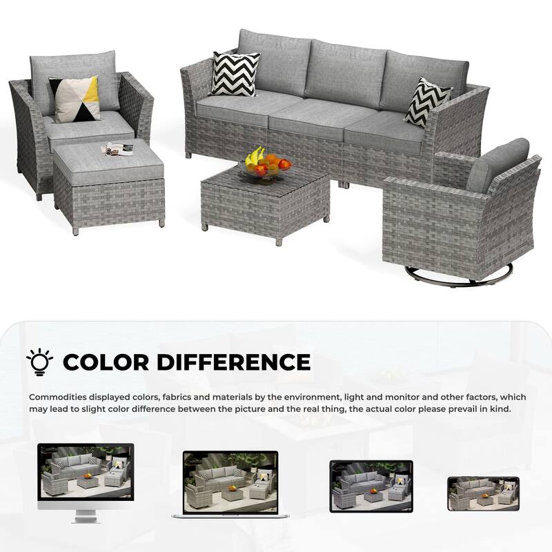 HOOOWOOO 7-piece PE Wicker Outdoor Furniture Sectional Set with Swivel Rocking Chair