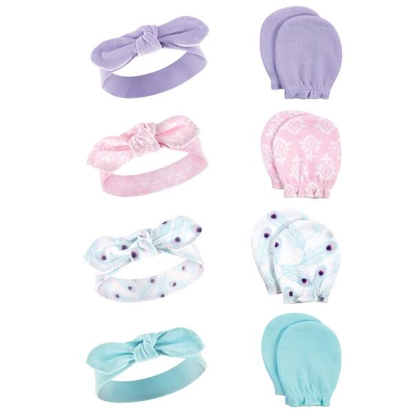 slide 1 of 1, Hudson Baby Infant Girl Cotton Headband and Scratch Mitten Set, Peacock, 0-6 Months - Peacock Peacock - 0-6 Months