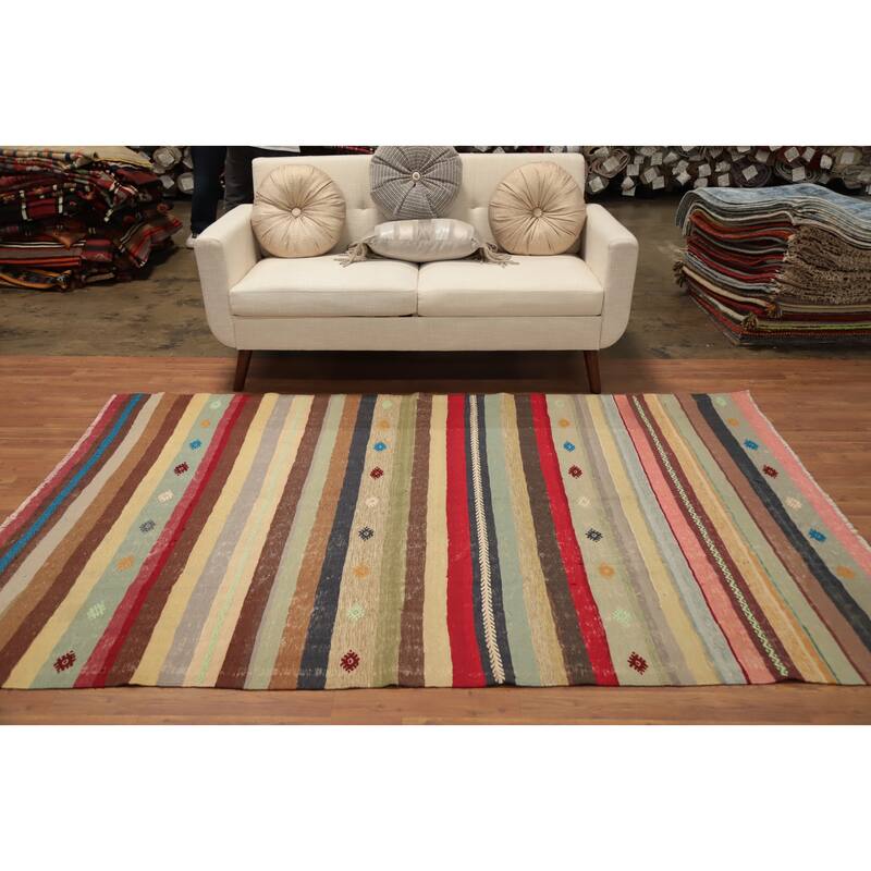 Hand Woven Oriental 100% Wool Carpet Southwestern Tribal Multi-Colored Kilim Area Rug - 8' 0'' X 5' 5''